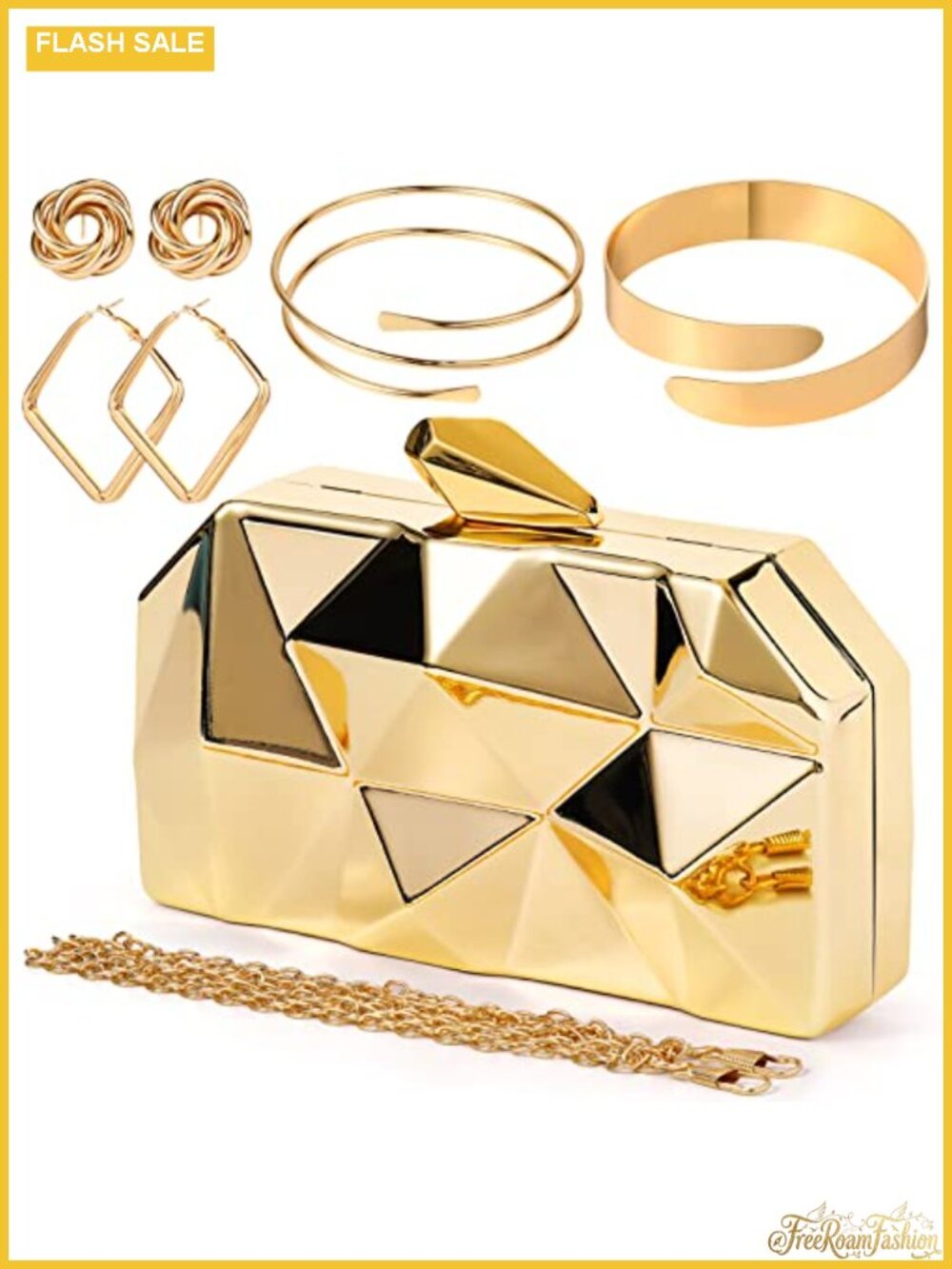Jadive 5 Pc Gold Clutch Purse Set with Jewelry Evening Handbag